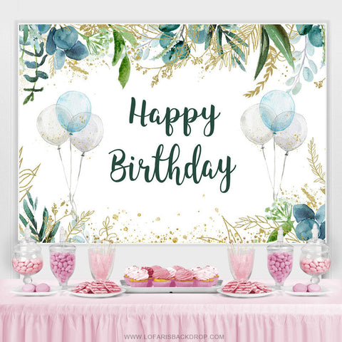 Feuilles vertes scintillantes et toile de fond d'anniversaire de ballons