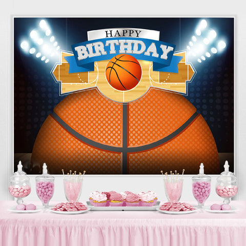 Fond de joyeux anniversaire de terrain de basket de lumières scintillantes