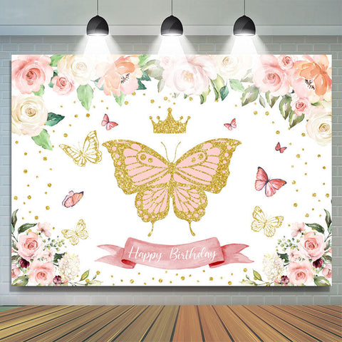 Fond de joyeux anniversaire floral papillon rose scintillant