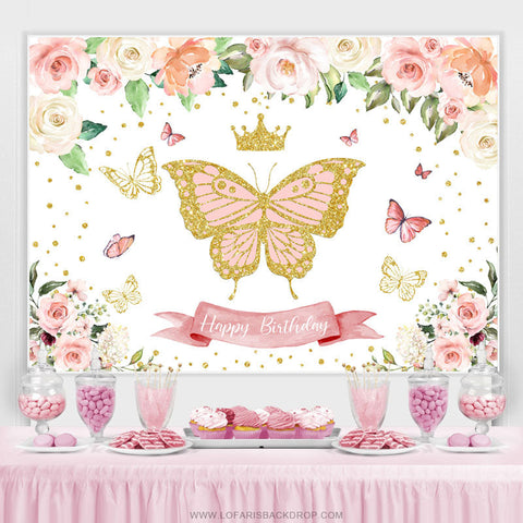 Fond de joyeux anniversaire floral papillon rose scintillant