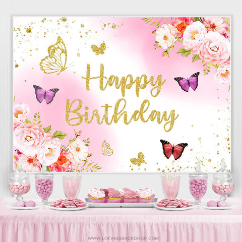 Toile de fond d'anniversaire papillon floral doré rose scintillant