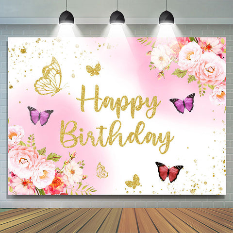 Toile de fond d'anniversaire papillon floral doré rose scintillant