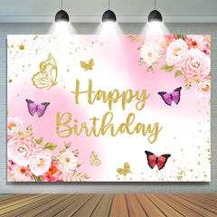 Toile de fond d'anniversaire papillon floral doré rose scintillant