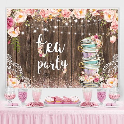 Glitter Pink Tea Party Floral Joyeux Anniversaire Toile de Fond