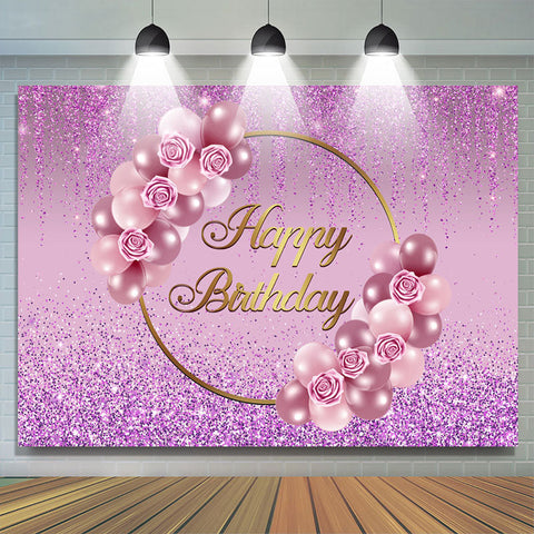 Fond de joyeux anniversaire rose et ballon violet scintillant