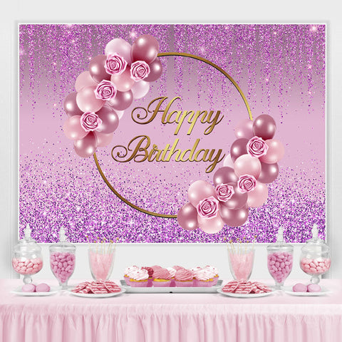 Fond de joyeux anniversaire rose et ballon violet scintillant