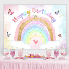 Toile de fond joyeux anniversaire arc-en-ciel et papillon scintillant