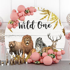 Toile de fond d'anniversaire en bois avec animaux ronds à paillettes sauvages