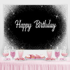 Points argentés scintillants et toile de fond noire Happy Birthday