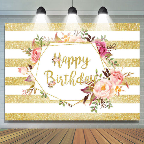 Gloden Stripe et toile de fond d'anniversaire floral pour fille