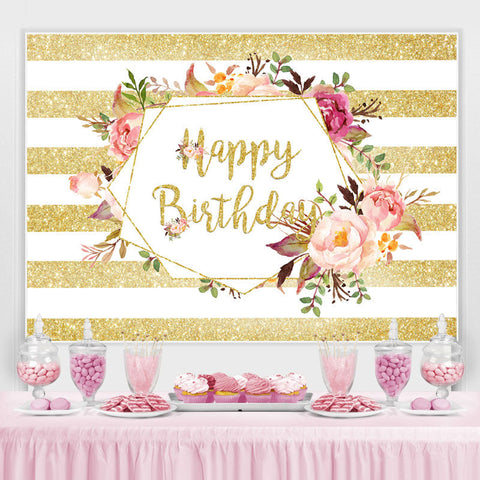 Gloden Stripe et toile de fond d'anniversaire floral pour fille