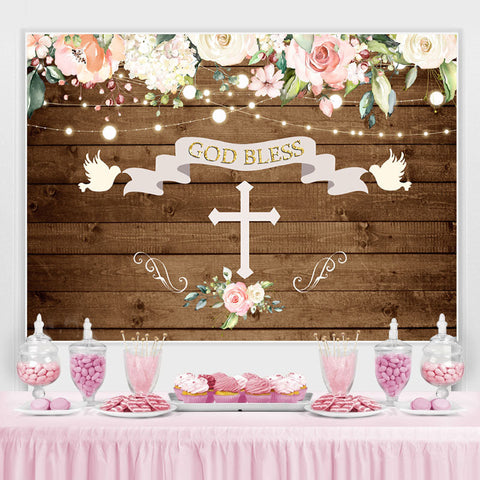 God Bless Doves and Florals Fond de baptême en bois