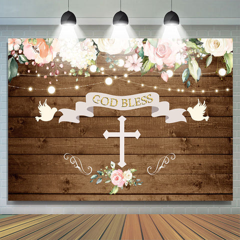 God Bless Doves and Florals Fond de baptême en bois