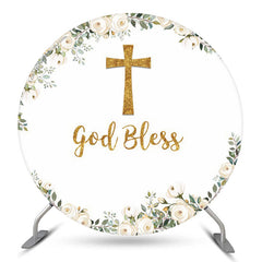 God Bless Floral Leaves Toile de fond ronde de baptême