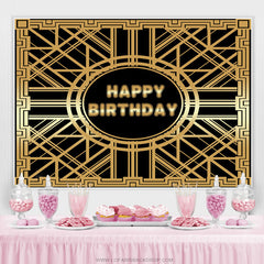 Ligne abstraite d'or et toile de fond noir joyeux anniversaire