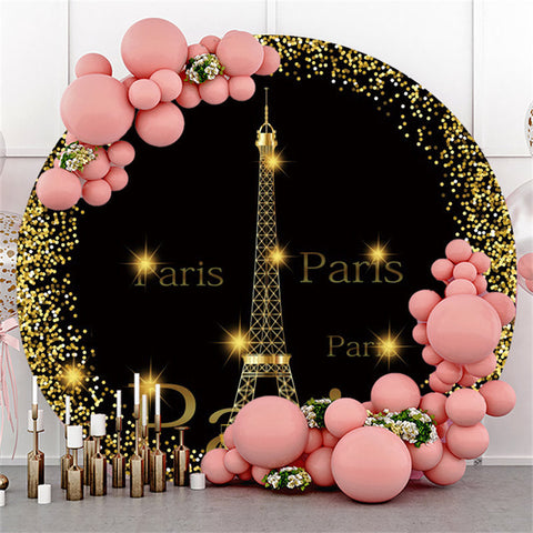 Toile de fond ronde joyeux anniversaire Tour Eiffel or et noir