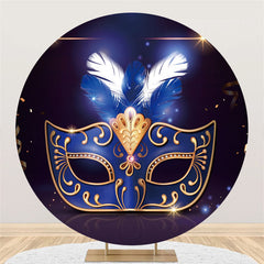 Masque de plumes doré et bleu, toile de fond ronde pour fête