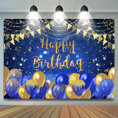 Toile de fond d'anniversaire de paillettes d'or et de ballons bleu marine