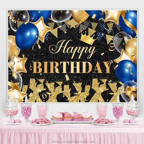 Toile de fond de joyeux anniversaire de ballons de paillettes d'or noir