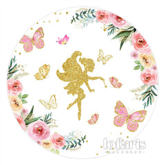 Toile de fond d'anniversaire ronde florale de fée de papillon d'or