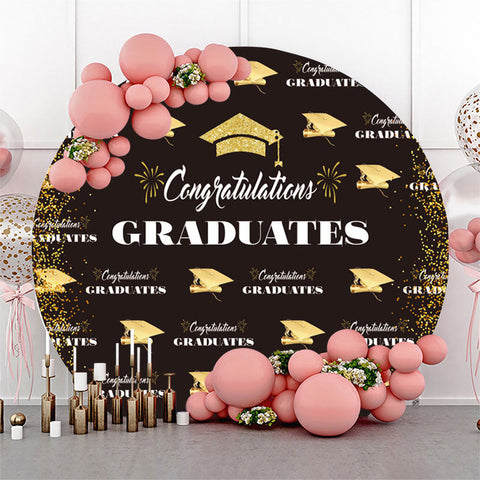 Gold Glitter Black Round Félicitations Grad Backdrop