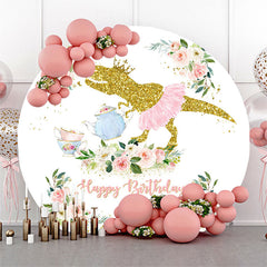 Fond d'anniversaire rond floral de dinosaure de paillettes d'or