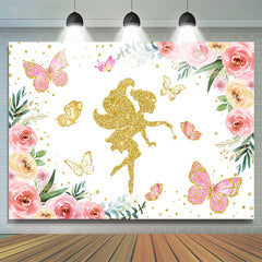 Toile de fond de fête d'anniversaire florale rose féerique à paillettes dorées