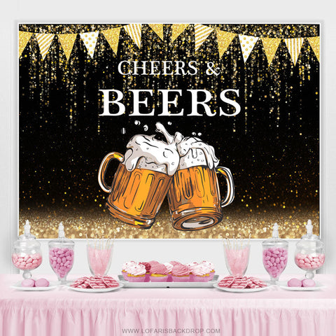 Drapeaux de paillettes d'or Toile de fond d'anniversaire Black Cheers Beers