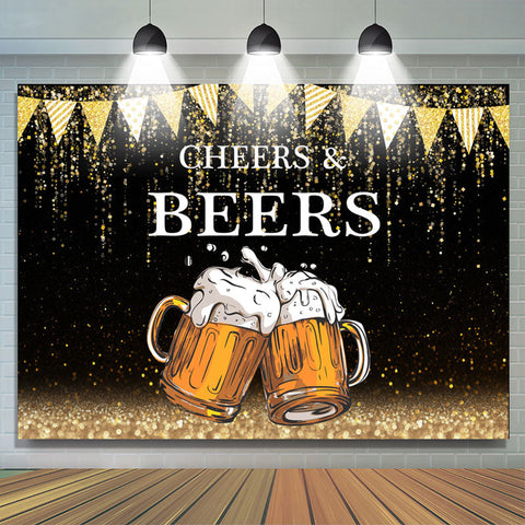 Drapeaux de paillettes d'or Toile de fond d'anniversaire Black Cheers Beers