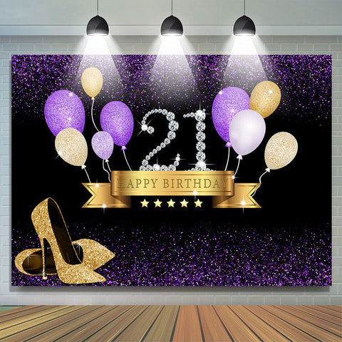 Toile de fond joyeux 21e anniversaire de paillettes d'or avec ballon