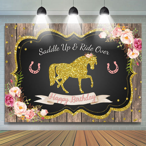 Toile de fond de joyeux anniversaire floral rose de cheval de paillettes d'or