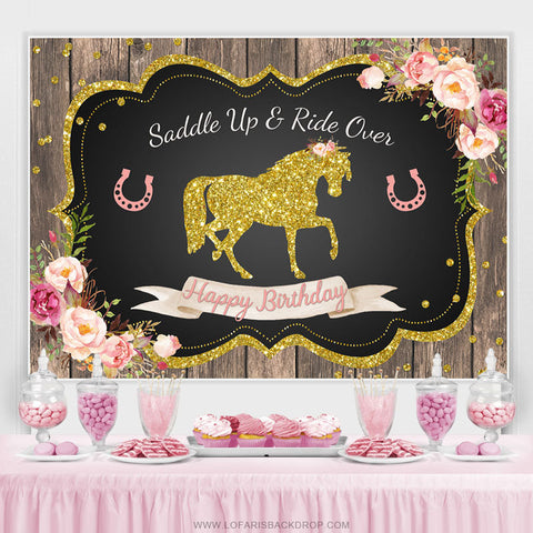 Toile de fond de joyeux anniversaire floral rose de cheval de paillettes d'or