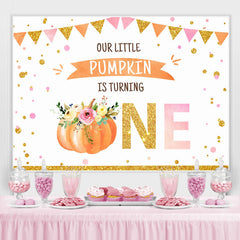 Paillettes d'or Notre petite citrouille tourne une toile de fond d'anniversaire pour les enfants