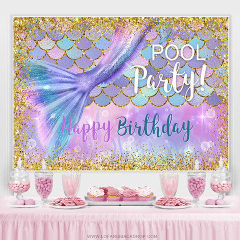 Toile de fond de fête d'anniversaire de piscine de sirène violet paillettes d'or