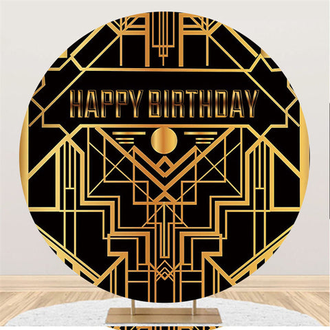 Lignes d'or et fond de joyeux anniversaire rond noir