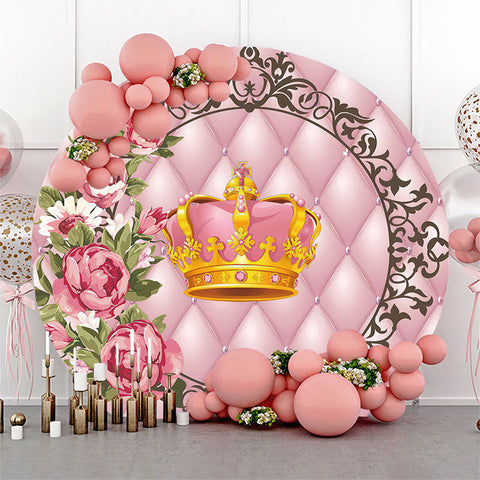 Couverture de toile de fond ronde d'anniversaire floral de couronne rose d'or