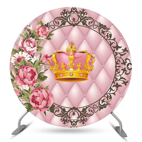 Couverture de toile de fond ronde d'anniversaire floral de couronne rose d'or