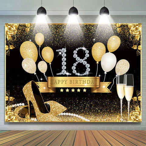 Toile de fond du 18e anniversaire de paillettes d'or et de ballons