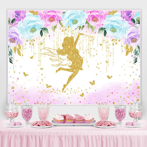 Toile de fond de joyeux anniversaire de fée florale de paillettes dorées