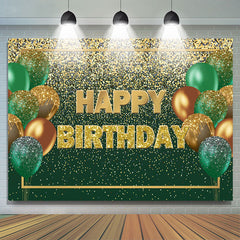 Toile de fond d'anniversaire de bokeh doré de ballon vert et brun