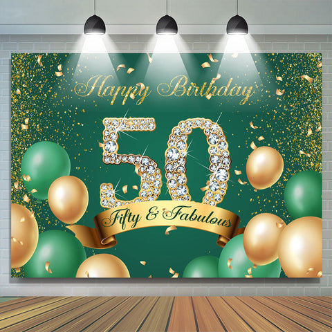 Toile de fond du 50e anniversaire de paillettes de ballon vert et or