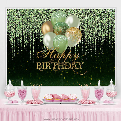 Fond de joyeux anniversaire de ballons de paillettes vertes et dorées