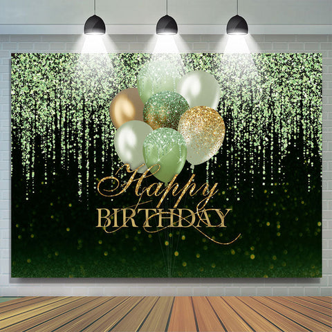 Fond de joyeux anniversaire de ballons de paillettes vertes et dorées