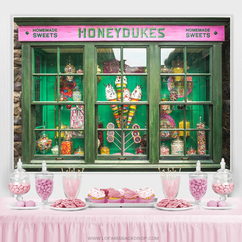 Toile de fond d'anniversaire Honeydukes Green Candy Land Shop