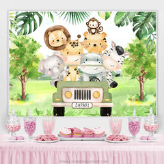 Toile de fond joyeux anniversaire voiture verte et animaux de la forêt