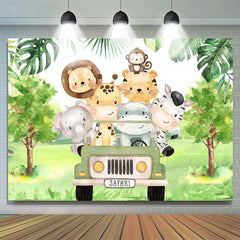 Toile de fond joyeux anniversaire voiture verte et animaux de la forêt