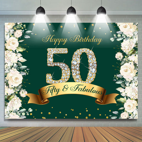 Toile de fond vert floral et paillettes joyeux 50e anniversaire