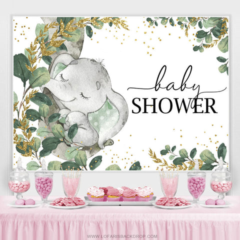 Toile de fond de douche de bébé éléphant feuilles d'or vert