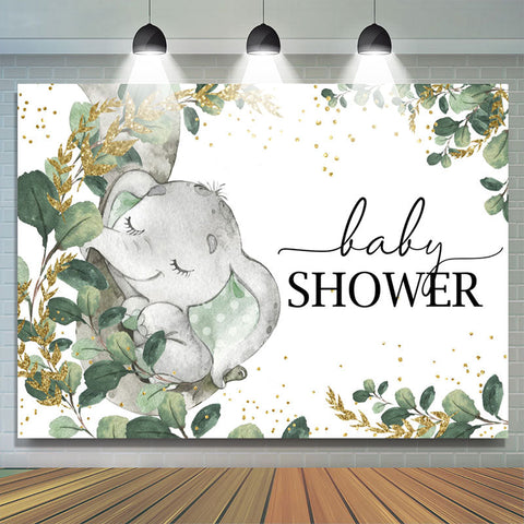 Toile de fond de douche de bébé éléphant feuilles d'or vert