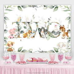 Feuille verte et animaux mignons joyeux 2e anniversaire toile de fond